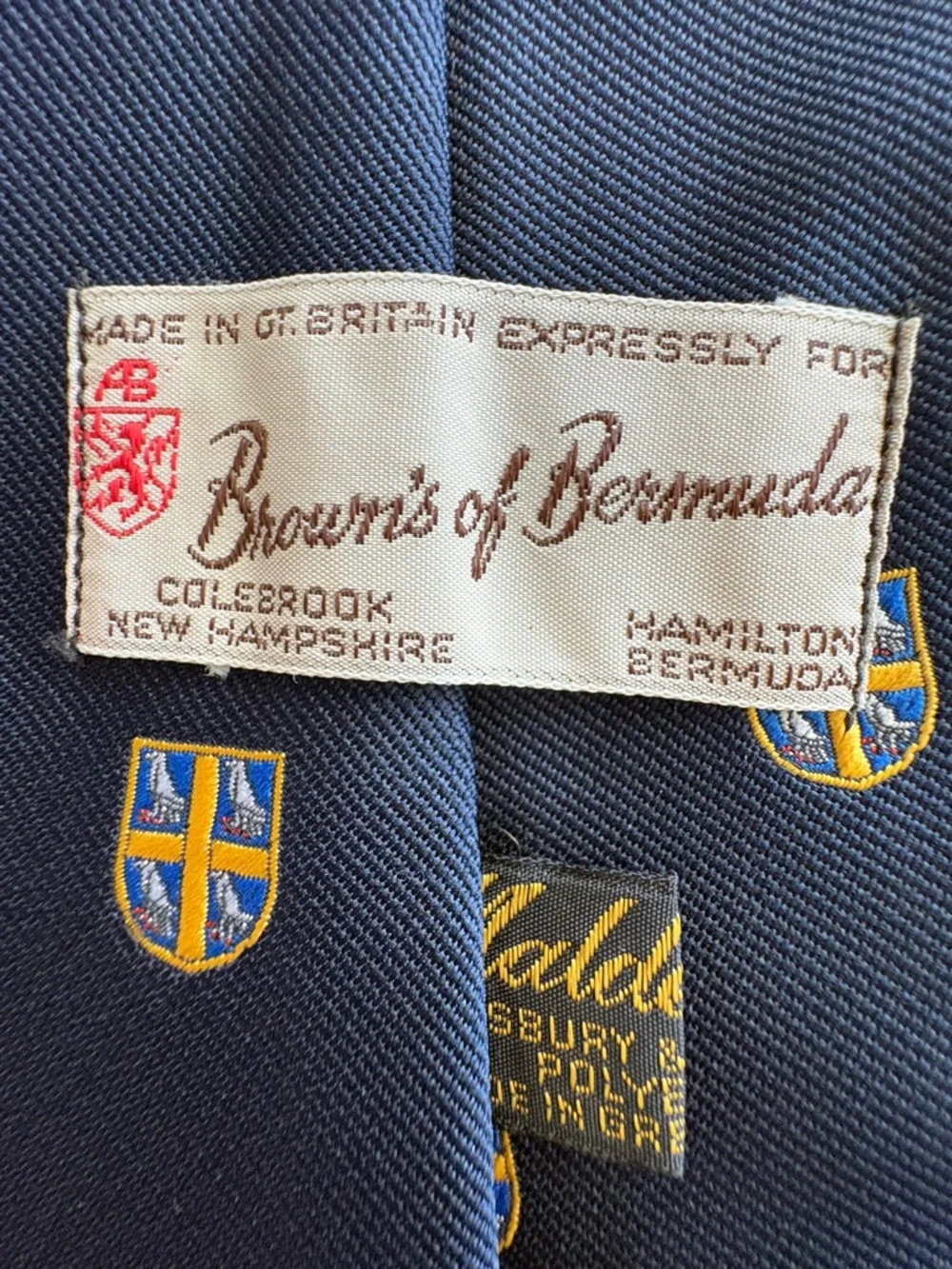 Vintage Browns of Bermuda Crest Tie • Navy Club Preppy • Made in Great Britain